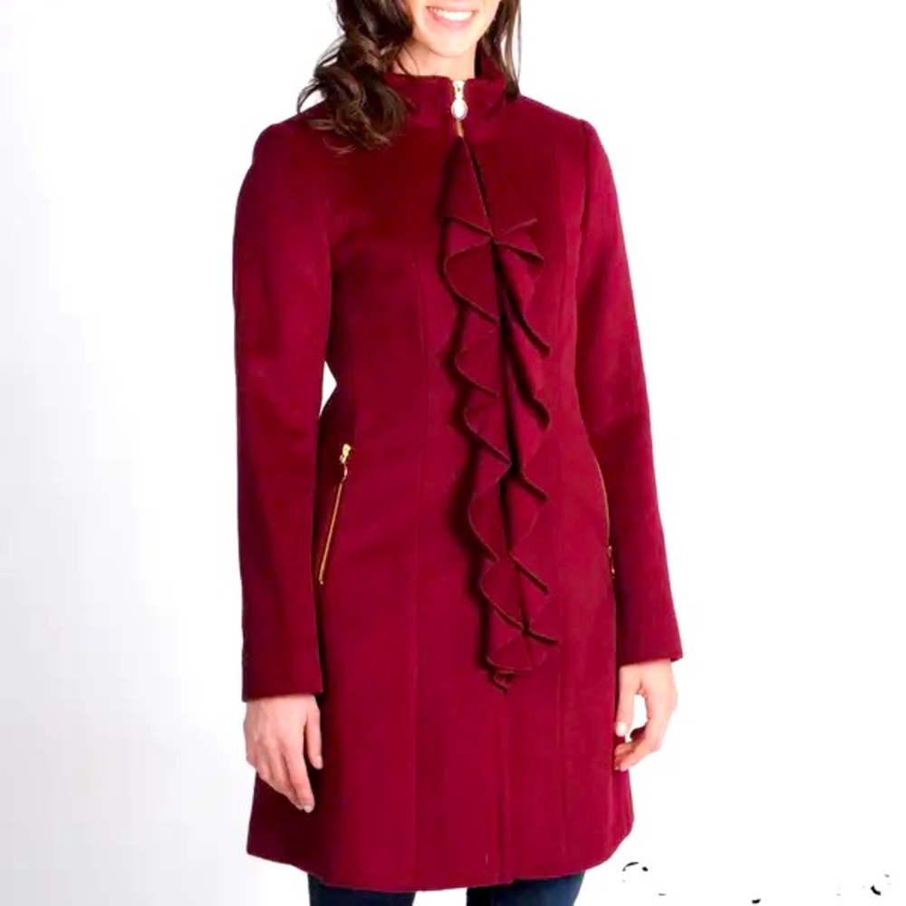 Tahari Wool Blend Ruffle Front Coat